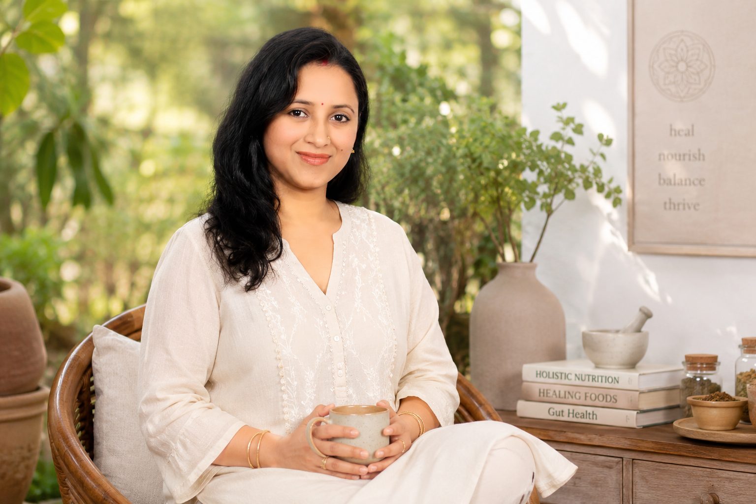 Shambhavi, founder of Rooted Together, seated in a calm green space holding a cup of tea